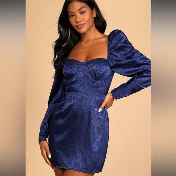 Lulus Dresses & Skirts - NWT LULU- Burst Into Bloom Navy Blue Satin Floral Jacquard Mini Dress size small